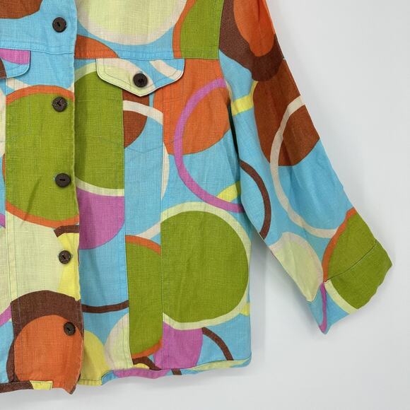Transitions Jacket Womens Medium Multicolor Linen Button Front Retro 60s Circles - Picture 3 of 8